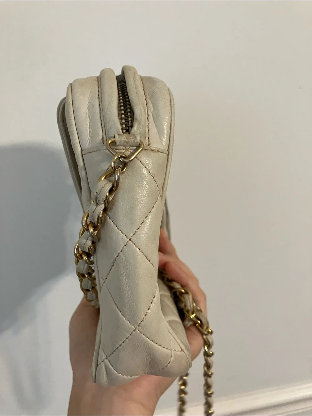 CHANEL Vintage Cream Quilted Leather Shoulder Camera Bag with Tassel